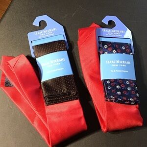 Isaac Mizrahi Red and Navy Tie Set With Pocket Square Bundle of 2
